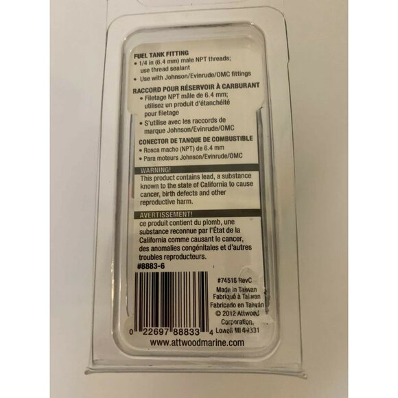 Attwood 8883-6 Fuel Tank Fitting 1/4in 6.4mm OMC EVINRUDE‎ - Picture 7 of 7